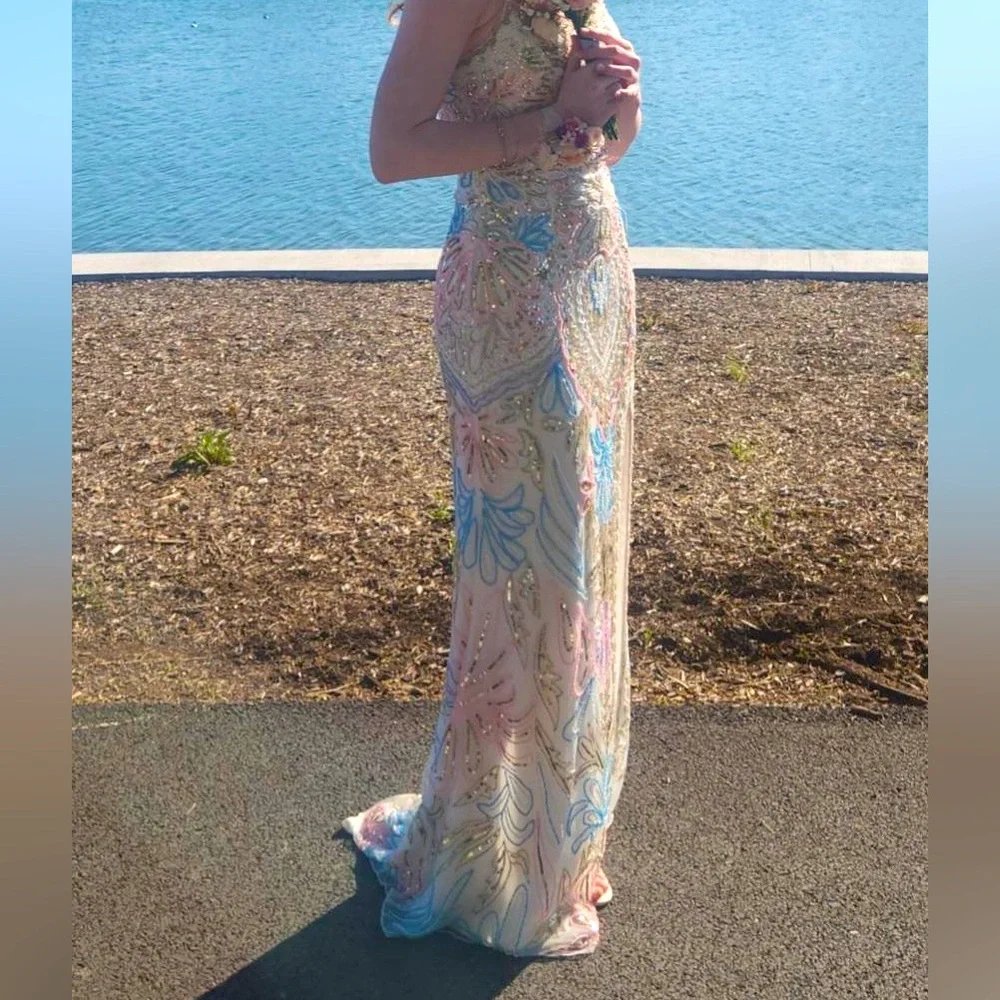 Primavera Couture Long Prom Dress, Style 4156, Pink/Blue Beading, Size 000 or XS - Picture 7 of 7